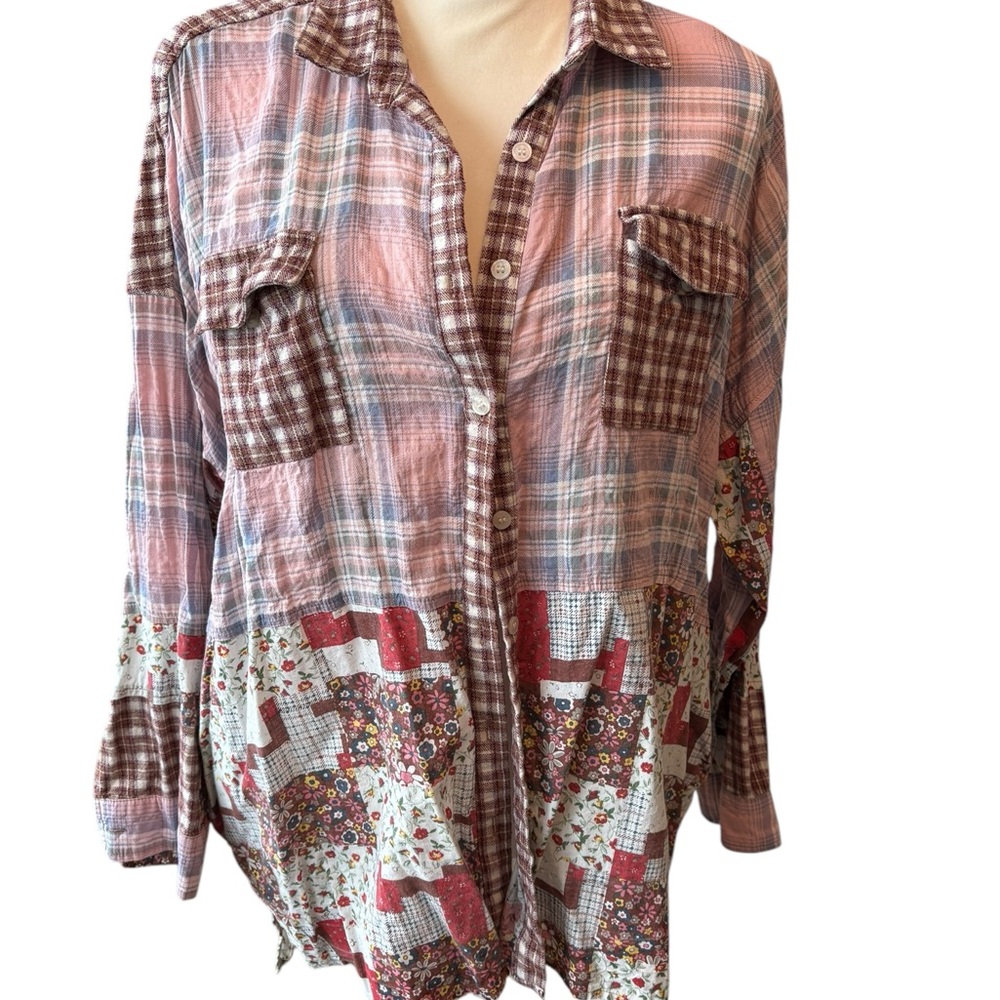 Plaid High-Low Patchwork Button-Up Shirt